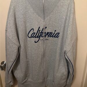 Forever 21 Gray Zip-Up Sweater with Navy 'California' Script